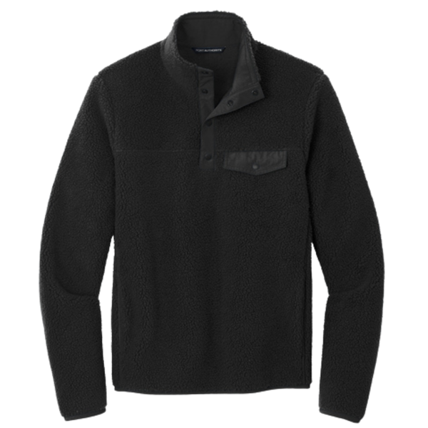 Black fleece pullover with a collar on a white background