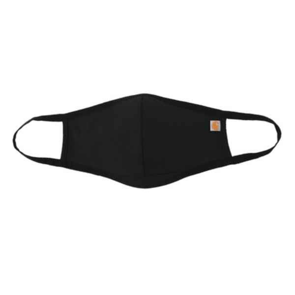 Black face mask with carhartt brand logo on a white background