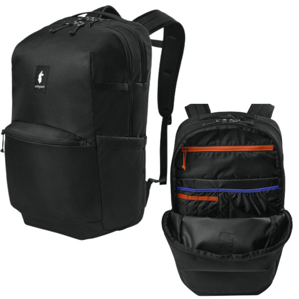 Black backpack with orange and blue accents on a white background