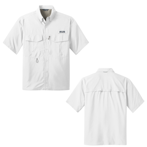 White short-sleeve shirt with front and back views on a white background