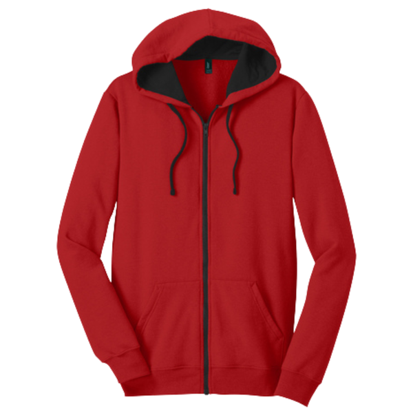 Red hoodie with black trim on a white background