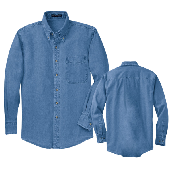 Blue denim shirt shown from front and back on a white background