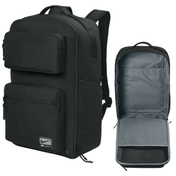 Black backpack with a visible Nike logo on a white background