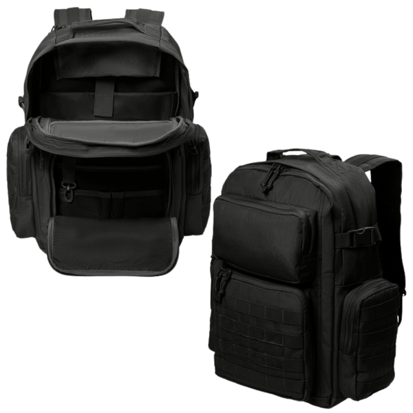 Black backpack with open compartment on a white background