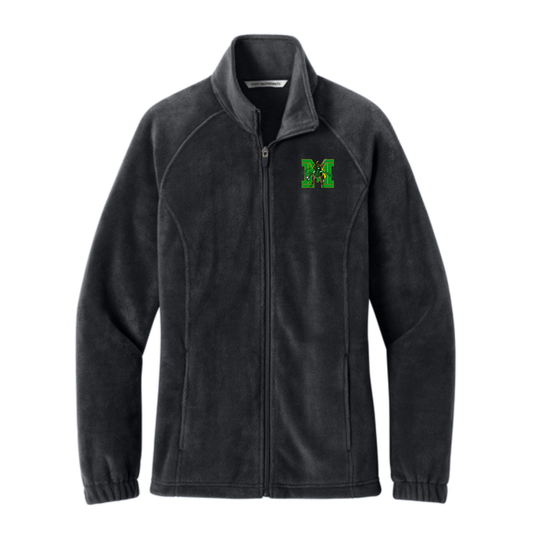 Black fleece jacket with a logo on the chest against a white background
